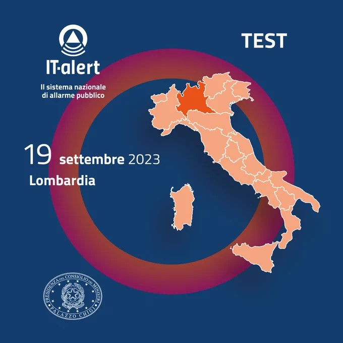 Locandina evento IT-alert, cartina dell'Italia con Lombardia evidenziata