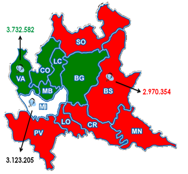 Immagine della Regione Lombardia con i territori di competenza dei Call Center 112